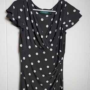 Lauren Ralph Lauren Black White Polka Dot Womens 8 Dress Empire Waist V-neck S/S